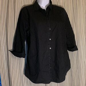 WORTHINGTON, med, black striped, hidden button front with 3/4 length cuffed